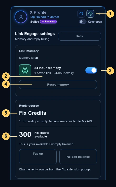 Numbered Memory guide: gear, saved count, on/off switch, Reset memory, reply source and balance