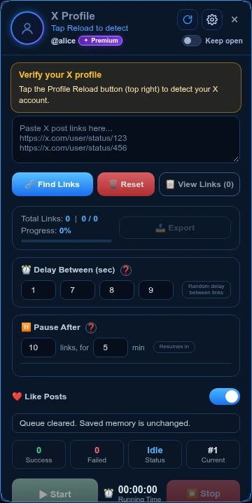 Link Engage queue with Find Links, Reset, View Links, optional Like switch and required comments