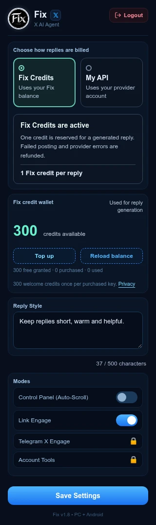 Fix v1.8 popup showing active Fix Credits and a separate wallet